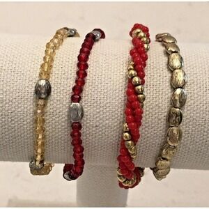 Lot of‎ 4 Beaded Bracelets Gold Tone Red Retro Chic Beautiful Faceted Twist